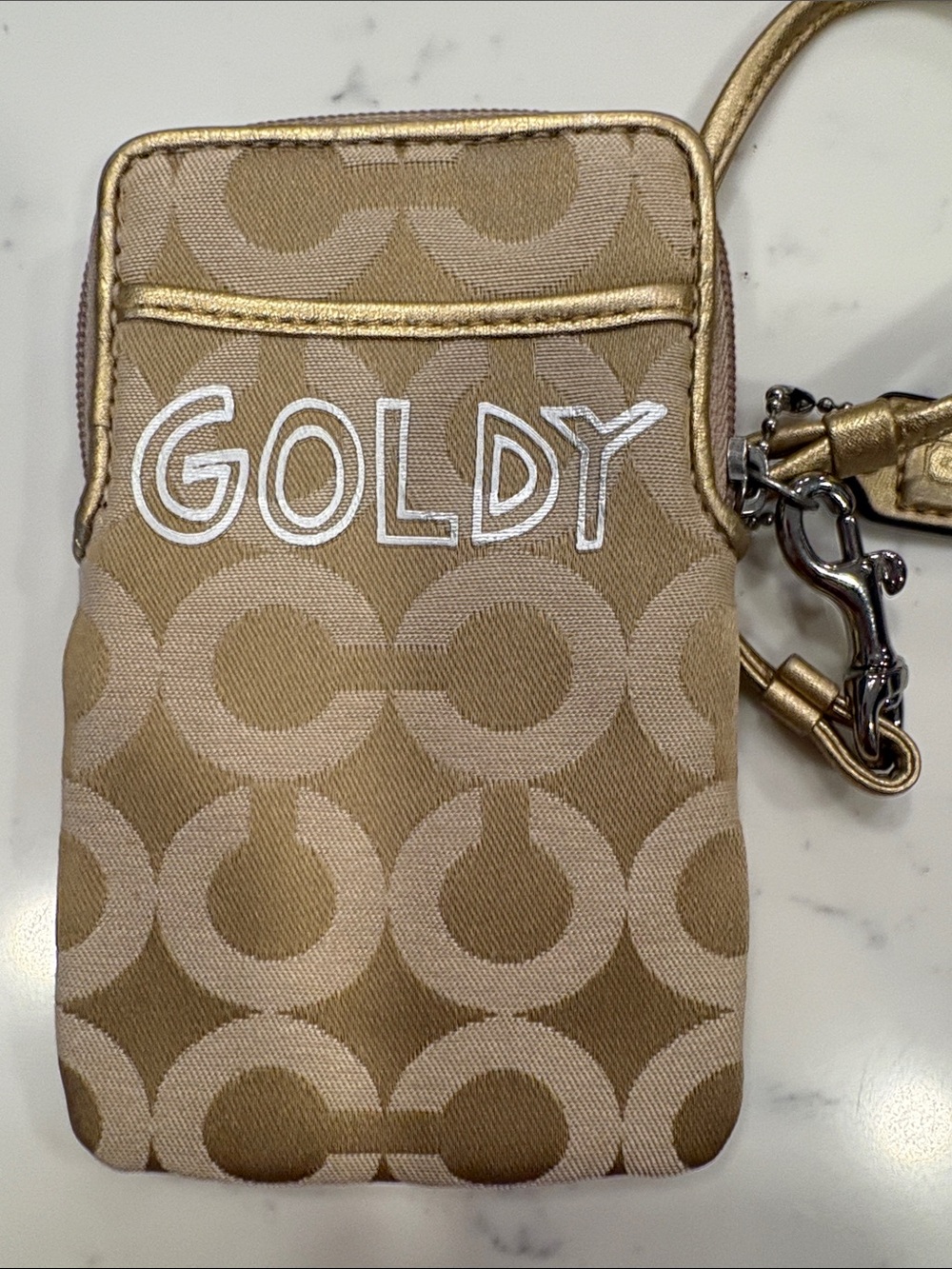 Coach Gold & Beige Signature Wristlet Phone Case with Applique - Picture 4 of 7
